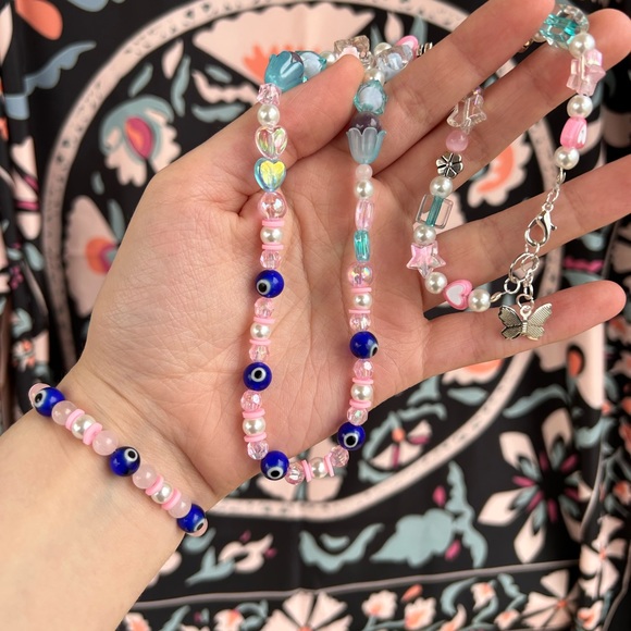 pink nazar jewelry set HANDMADE y2k evil eye protection couples boyfriend viral - Picture 2 of 4